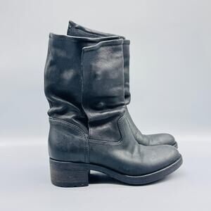 Vera Wang Boots Womens 7 Black Leather Chunky Heel Foldover Snap Made in Italy